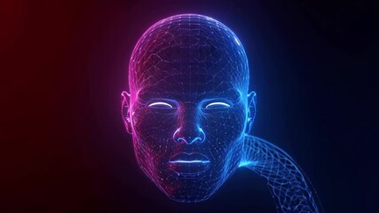 3D digital human head shoulders, glowing neon wireframe, dynamic neural connections pulsing particle sparks, abstract dark background, subtle morphing shapes, futuristic AI technology animation, 4K - Powered by Adobe