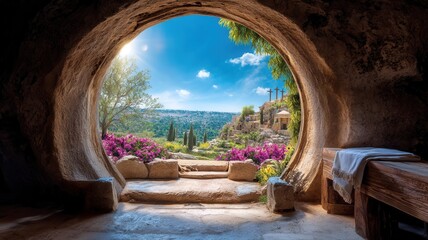 Empty tomb opening to calvary hill with three crosses, symbolizing jesus resurrection, new life, and easter
