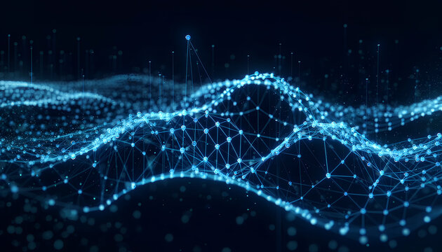 Abstract glowing blue digital network grid flowing over a dark background representing data science and connectivity - Powered by Adobe