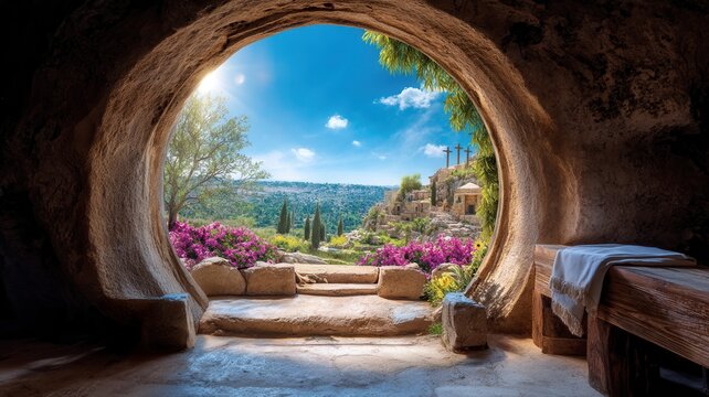 Empty tomb opening to calvary hill with three crosses, symbolizing jesus resurrection, new life, and easter
