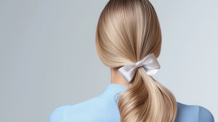 Naklejka premium Woman with blonde shiny hair tied in a stylish ponytail, showcasing healthy beauty with an elegant bow