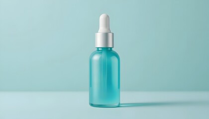 Serum bottle with dropper on light blue background for skincare
