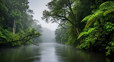 Misty River in Lush Forest.
