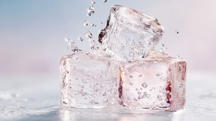 Obraz premium Ice cubes with water splashing and droplets, creating a refreshing impact and embodying cool sensation