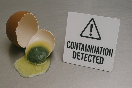 Rotten egg cracked open with foul smell greenish yolk discoloration and contamination detected warning sign on metal surface showing food safety hazard and spoilage risk
