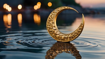 Golden Crescent Moon with Water Ripples at Sunset