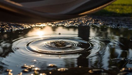 Water droplet impact creating concentric ripples on a reflective surface