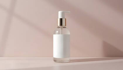 Elegant clear pump bottle on pink background for skincare product advertising