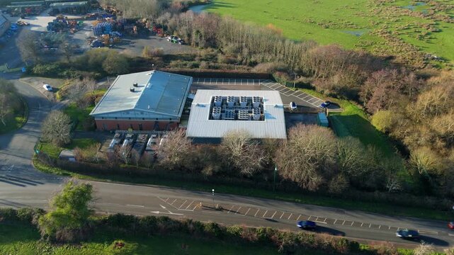 Aerial view of large state of the art data center, Quantum computing and IT services, cloud storage, critical futuristic infrastructure, cooling fans HVAC in Redditch, UK