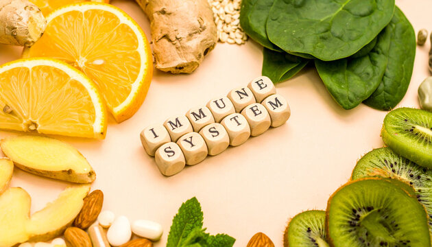 Immune healthy food immunity wellness system nutrition superfood vitamin defense health protection organic immune boosting fruits vegetables herbs and supplements create vibrant immunity