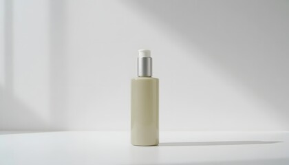 Elegant cream serum bottle on white background with soft shadows