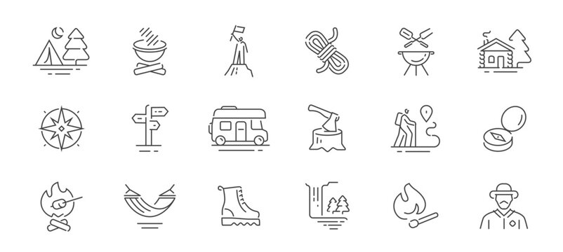 Camping and hiking set of icons in line style. Outdoor activities concept. Summer camp linear symbols collection