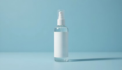 Clear spray bottle with white label on blue background