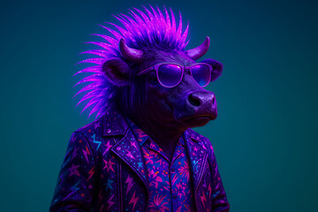Stylish neon bull portrait wearing sunglasses and leather jacket, futuristic cyberpunk animal character with vibrant purple lighting and modern pop culture style
