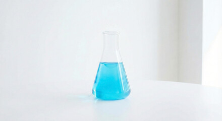Laboratory glass flask with glowing blue liquid