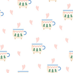 Cozy winter cup seamless pattern, Holiday background, Hot chocolate, Сoffee, Latte, Cappuccino, Cocoa. Merry Christmas vibes illustration.