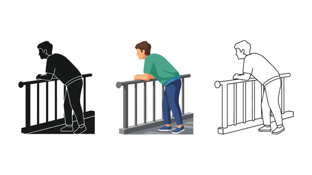 Young boy leaning on a railing and looking ahead in silhouette, color, and outline