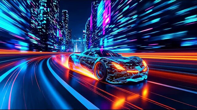 3D render cyberpunk digital circuit skin sports car rear view, high speed drifting in neon city night with light speed trail, metaverse racing game chase shot video footage.