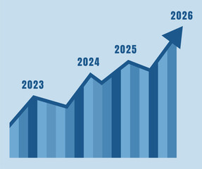 Business growth bar chart with upward arrow timeline from 2023 to 2026 year vector infographics