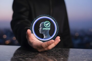 Person holding a glowing circle with an approved human profile symbol hand