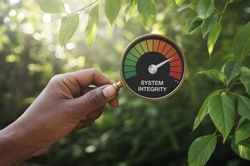 A hand holding a gauge showing system integrity with green leaves in the background