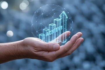 A Hand Holding a Holographic Globe with the Word Achieve and Arrows hologram