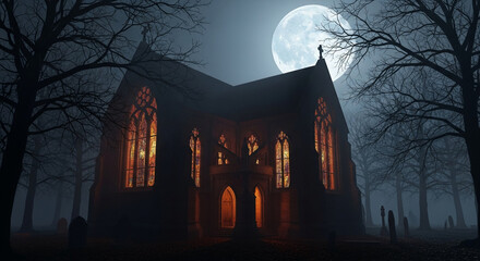 Night scene, gothic church in graveyard, illuminated windows, full moon, bare trees, creating a mysterious, eerie atmosphere