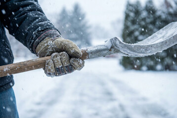Close-up of winter gloves holding snow shovel