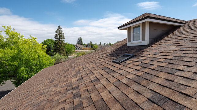 Suburban house asphalt shingle roof with dormer window