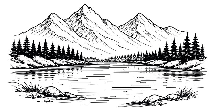 Hand drawn line art illustration of a mountain lake depicting a scenic wilderness landscape for outdoor adventure and nature concepts
