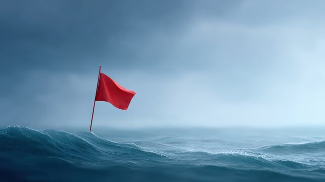 Gale Warning red flag on stormy sea coast with high waves and strong wind alert during severe coastal storm