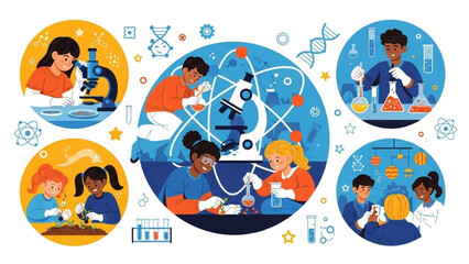 Diverse group of students and scientists working together in laboratory setting with microscopes and various scientific equipment with science