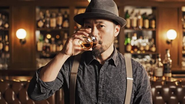 Sophisticated man in a fedora hat enjoys a smooth drink of whiskey in a classic bar setting