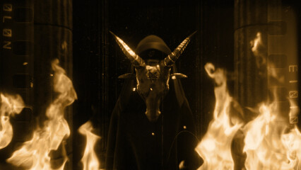 Goat Masked Cloaked Figure in an old film style