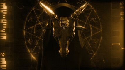 Golden Goat Masked Cloaked Figure in old film style