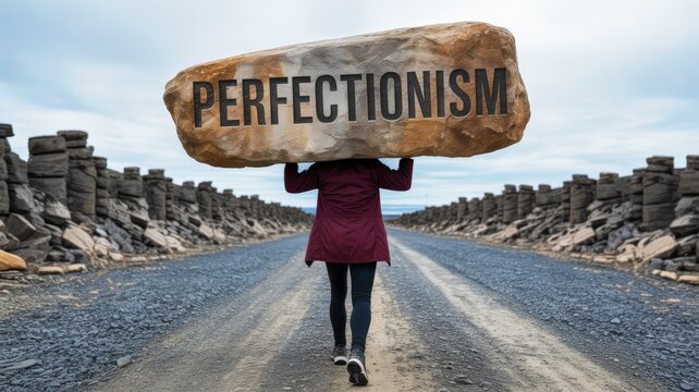 A person carries a large rock labeled "PERFECTIONISM" along a gravel path, symbolizing the weight and burden of striving for perfection.