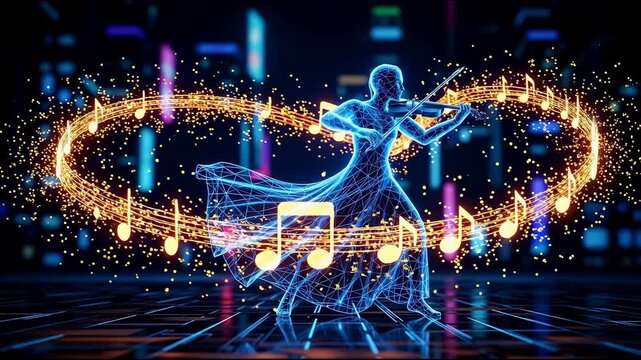 3D render holographic violin player performing with floating golden music notes, digital particle character, virtual concert and AI melody concept video footage.