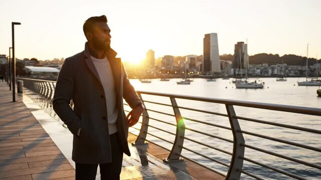Sophisticated man admiring sunset over coastal city skyline expressing personal values of true wealth and moments