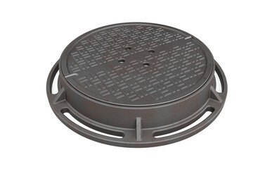 Cast Iron Manhole Cover with Frame Isolated on White Background, Industrial Sewer Infrastructure 3D Render