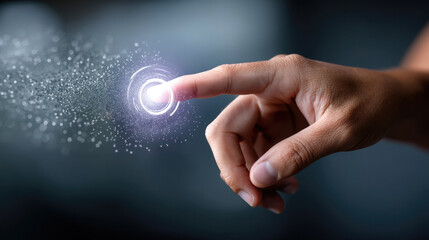 Finger touch digital interface with glowing circle, futuristic technology, innovation, and connection concept