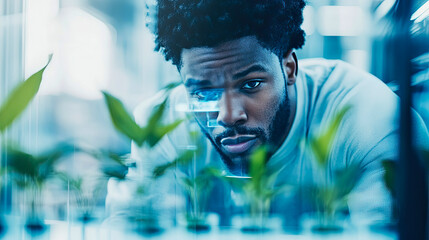 Focused Black scientist using futuristic augmented reality interface to study genetically modified or accelerated growth plants in modern laboratory setting