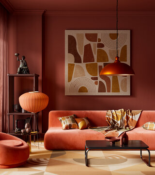 Warm retro conceptual living room interior with terracotta tones, sculptural furniture, abstract wall art and soft ambient lighting creating a bold and stylish atmosphere. 3D illustration