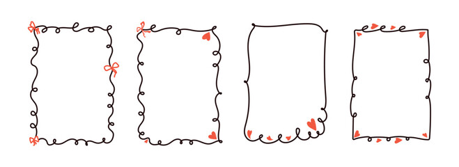 Hand Drawn coquette valentine frames with bows, ribbons. Whimsical doodle borders for birthday, christmas, wedding Invitations.Vintage minimalist elements in trendy line art style. Isolated vector ill