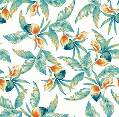 Seamless tropical pattern with bird of paradise flowers and palm leaves on white background © SUNAKKO