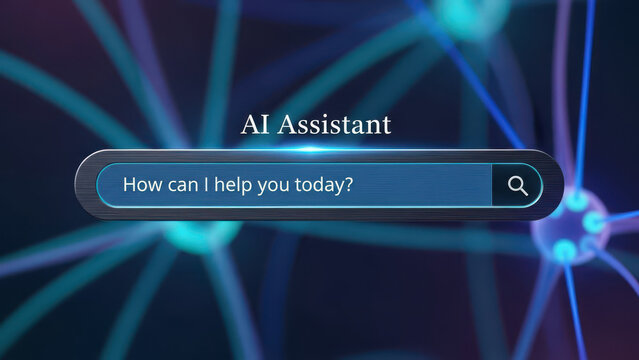 AI Assistant search bar with 'How can I help you today?' query, futuristic digital interface, and glowing neural network background. Artificial intelligence, customer service, and technology concept. - Powered by Adobe
