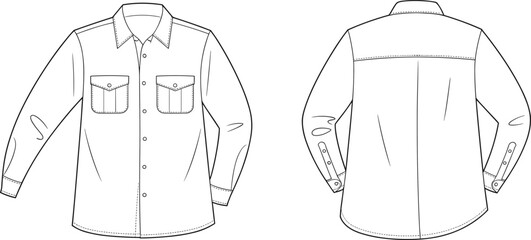 Front and back view technical fashion illustration of long sleeve button up shirt with double chest pockets classic casual apparel design