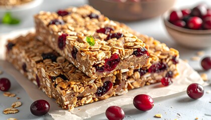 Close up view of healthy granola bars with cranberries on parchment paper
