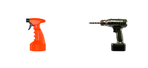 A vibrant orange spray bottle for household cleaning tasks positioned alongside a powerful green cordless drill with a sharp metal bit, perfect for various home repair and DIY projects