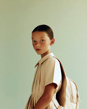 Minimal Portrait of Schoolgirl with Backpack in Studio, Elegant Child Fashion and Education Concept