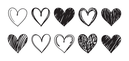 Ten doodle hearts set showing different hand drawn techniques including thick outline solid fill and rough ink strokes